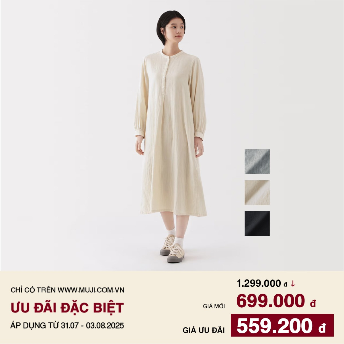 Đầm Tay Dài Vải Pha Kapok Nữ MUJI