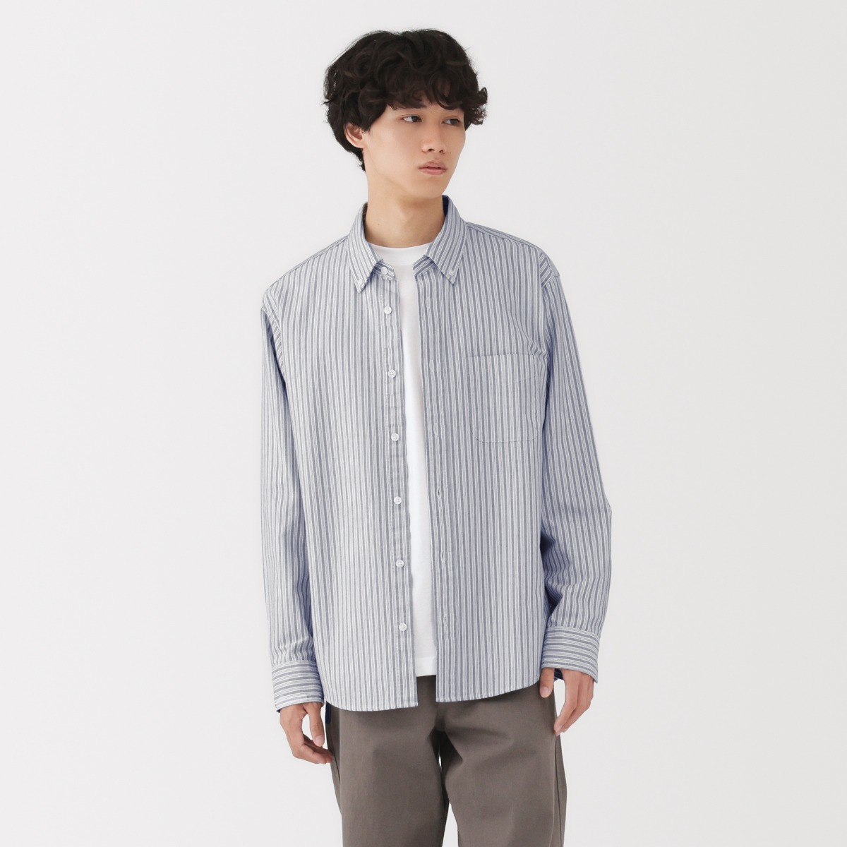 MUJI M's Washed Oxford Button Down L/Slv Shirt