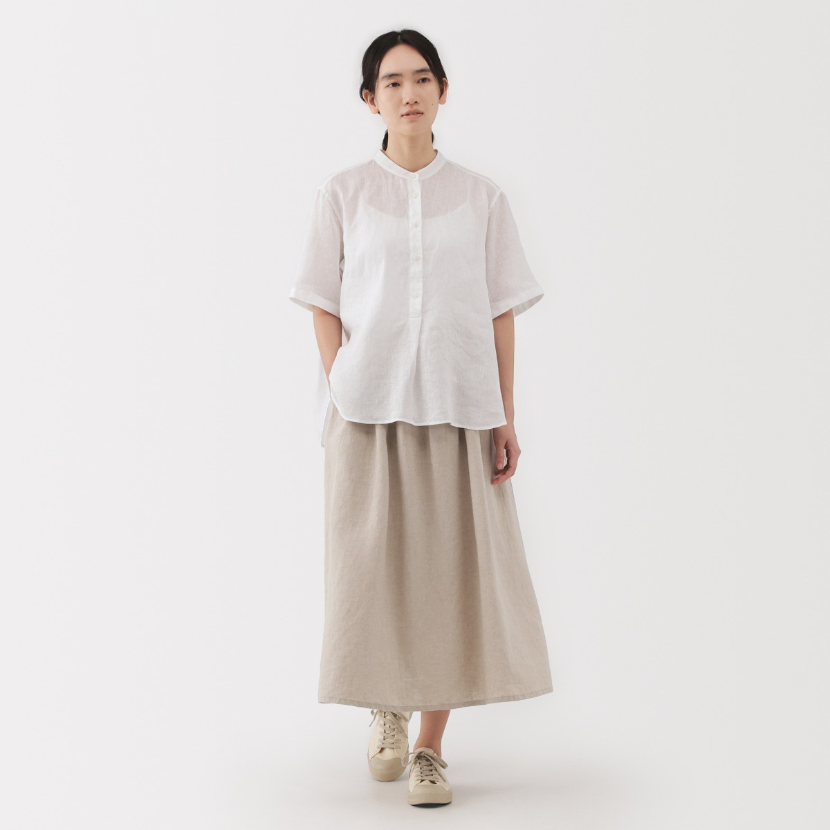 MUJI Áo Blouse Tay Lửng Vải Linen