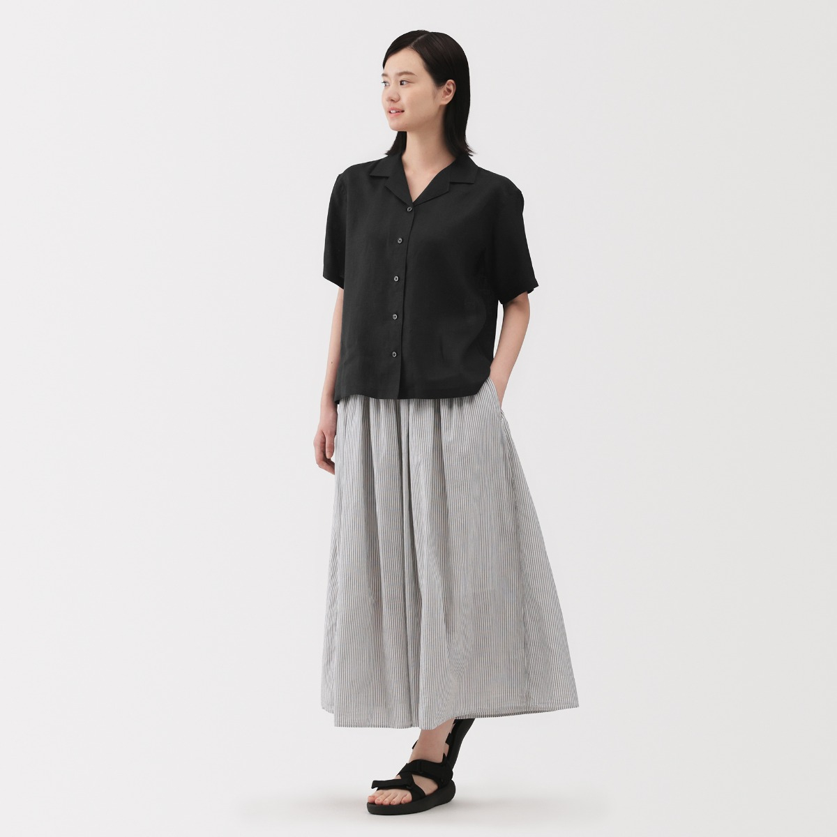 MUJI Áo Sơ Mi Tay Lửng Vải Linen
