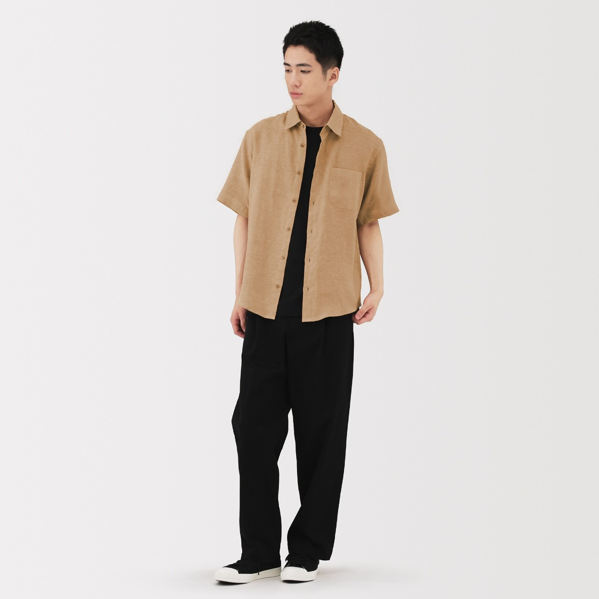MUJI Áo Sơ Mi Nam Tay Ngắn Vải Linen Washed