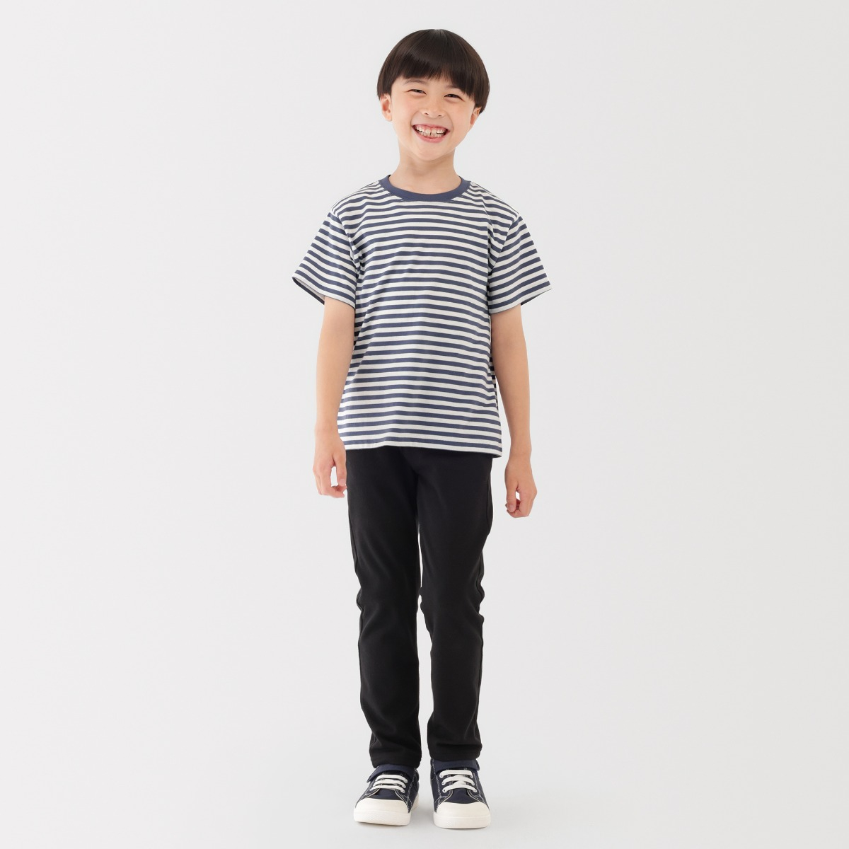 MUJI Áo Thun Cổ Tròn Vải Cotton Ngắn Tay (sọc) - Trẻ Em