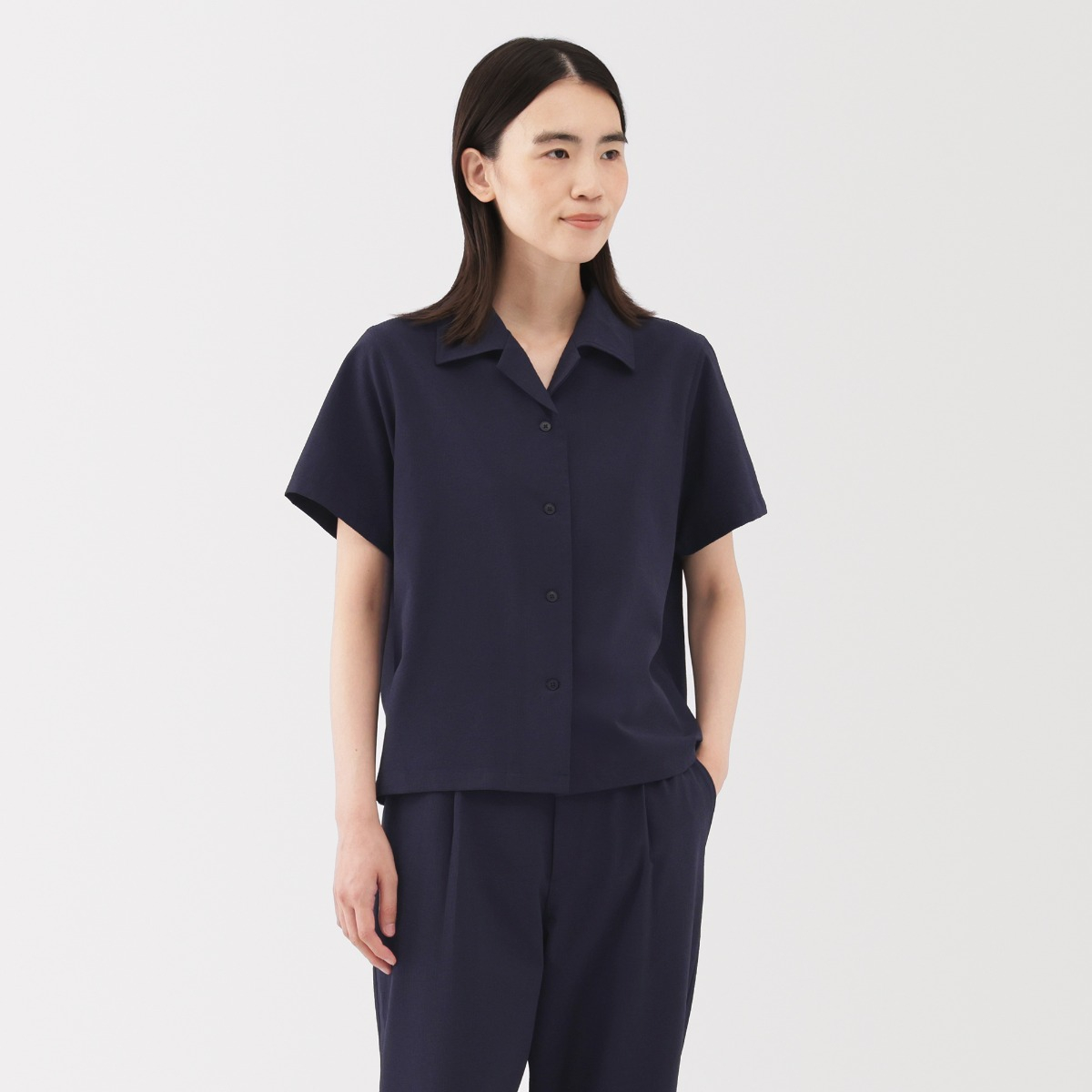 MUJI Áo Sơ Mi Cổ Mở Tay Ngắn Seersucker Thoáng Khí