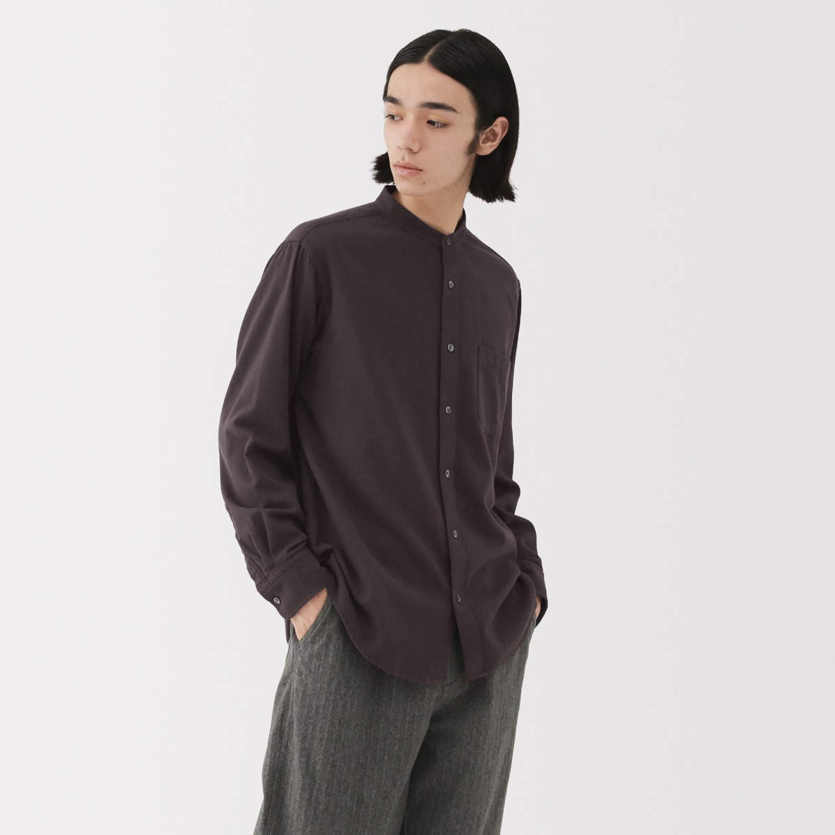 MUJI Áo Sơ Mi Nam Vải Flannel Cổ Trụ Tay Dài