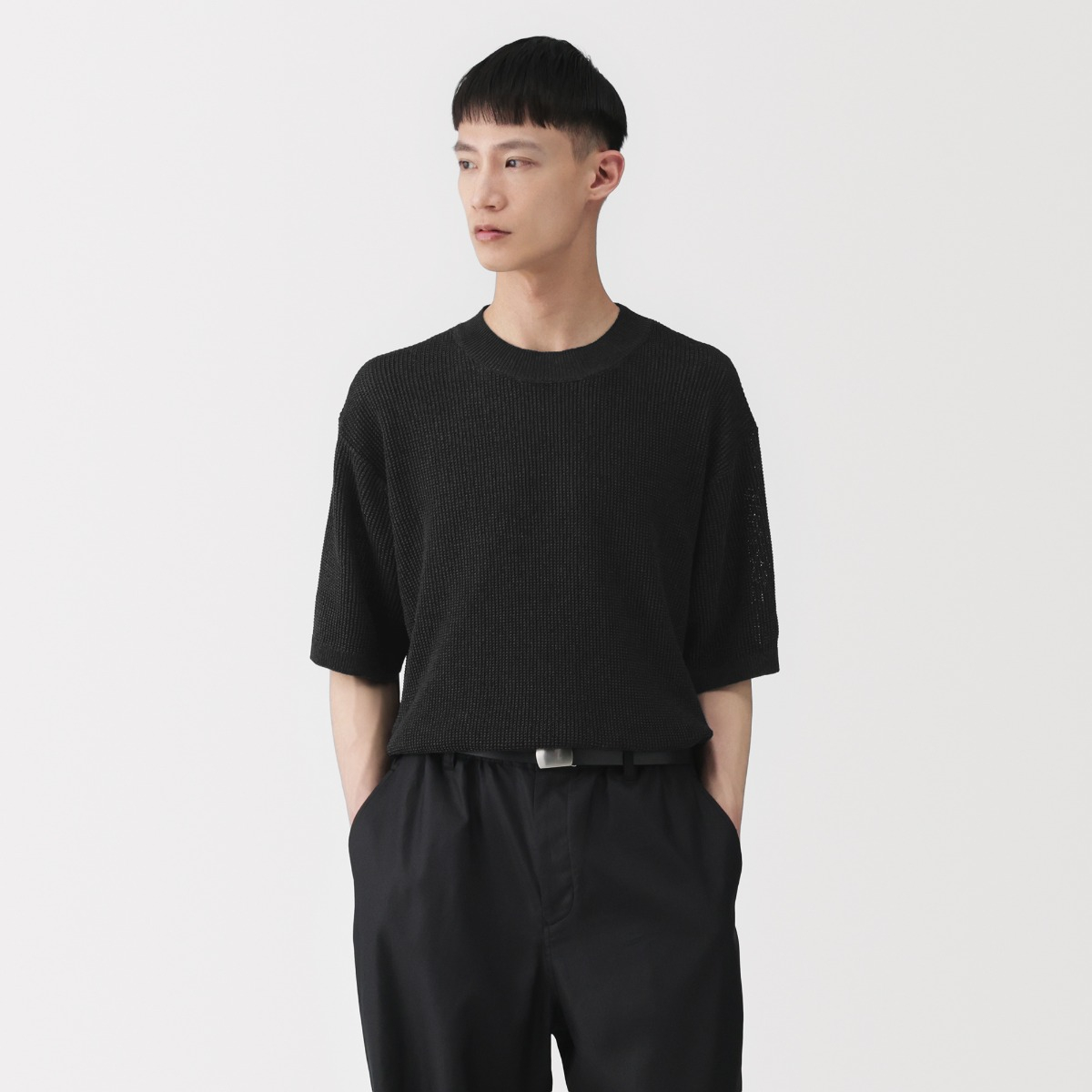 MUJI Labo Áo Len Nam Pha Sợi Washi Cổ Tròn Tay Ngắn