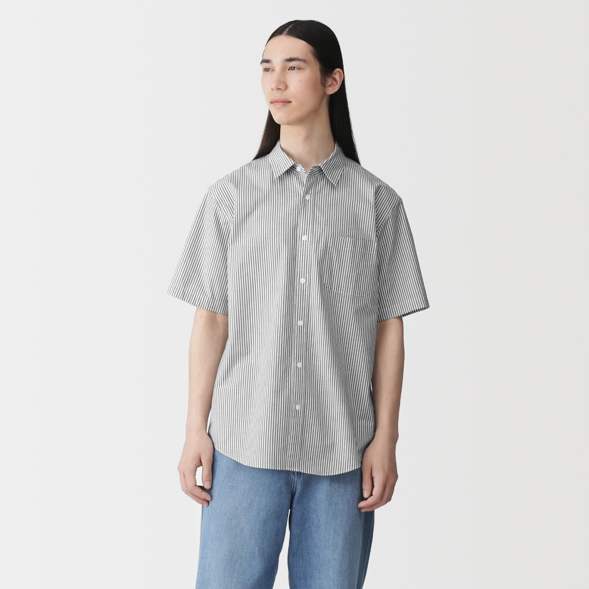 MUJI Áo Sơ Mi Nam Vải Broadcloth Dáng Rộng Tay Ngắn