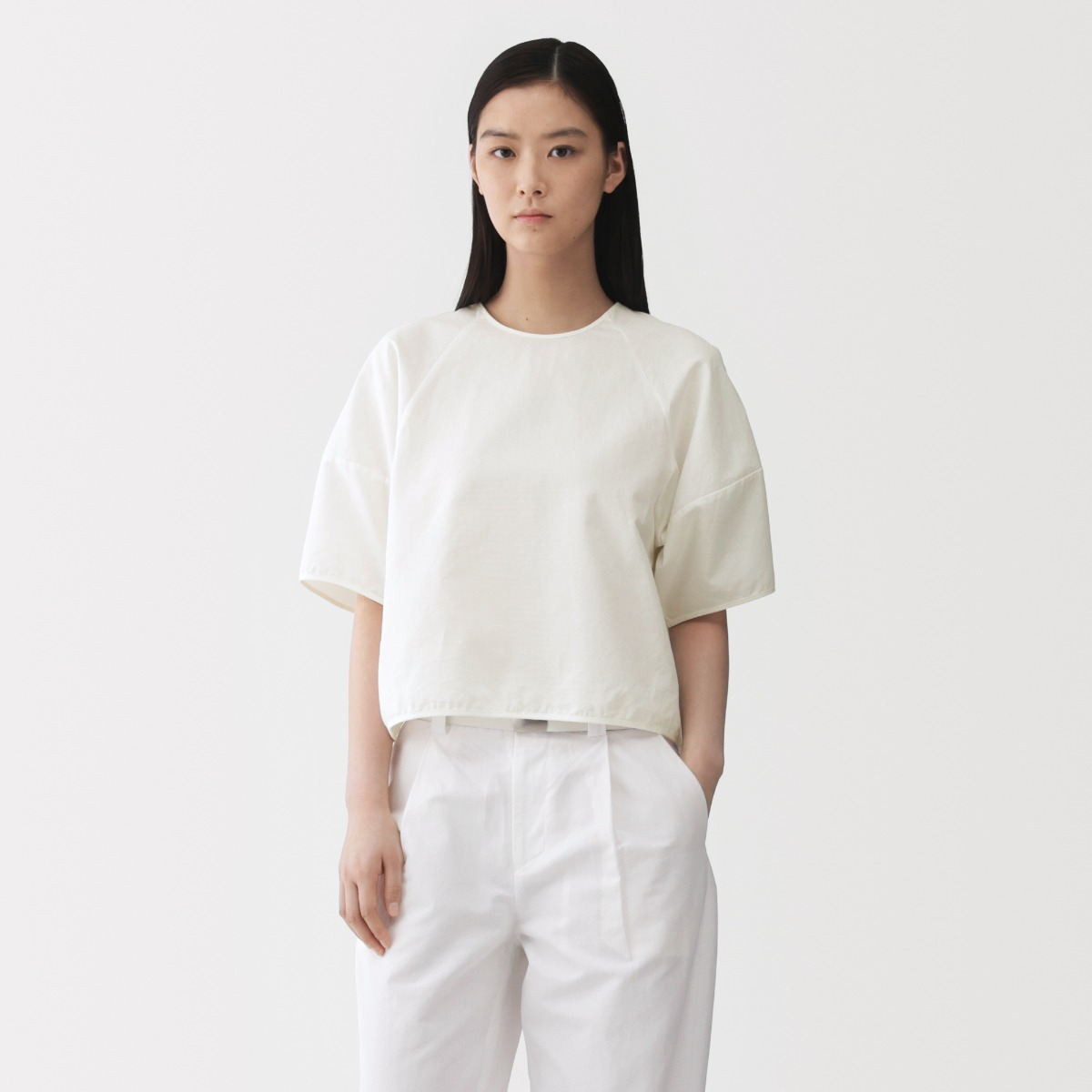 MUJI Áo Sơ Mi Nữ Pha Washi Dệt Basket Weave Tay Ngắn