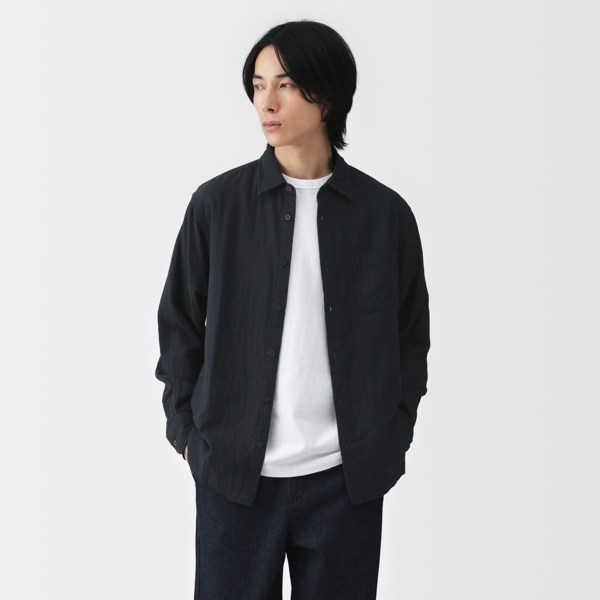 MUJI Áo Sơ Mi Nam Vải Kapok Double Gauze Tay Dài