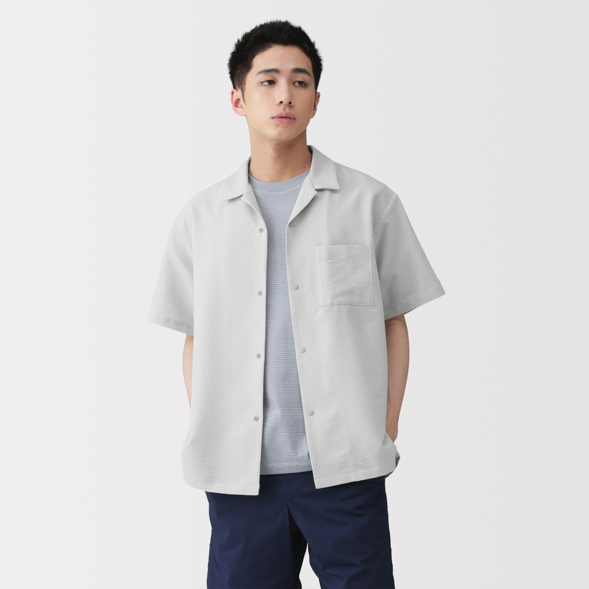 MUJI Áo Sơ Mi Nam Thoáng Khí Cổ Mở Tay Ngắn