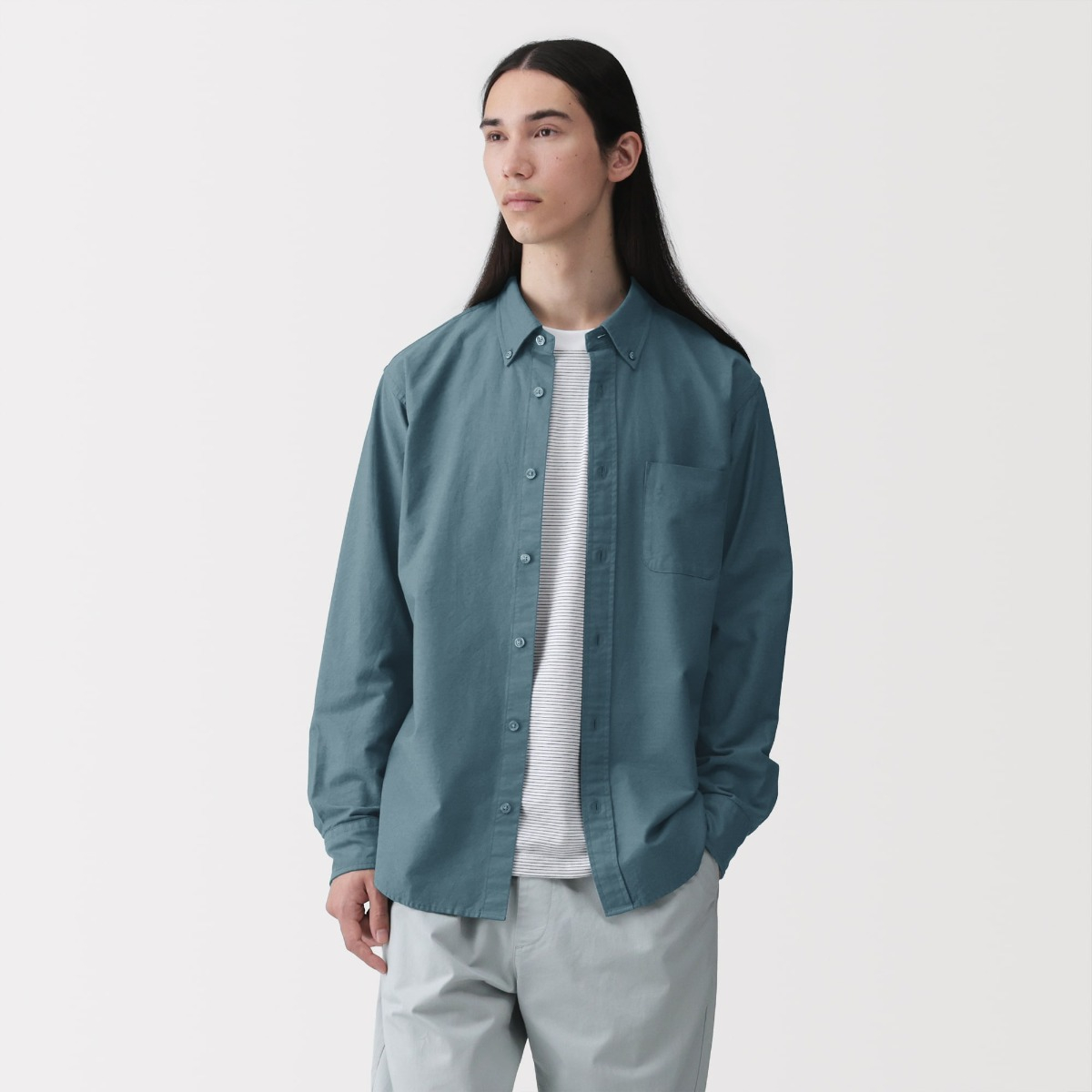 MUJI Áo Sơ Mi Nam Vải Oxford Cổ Cài Nút Tay Dài