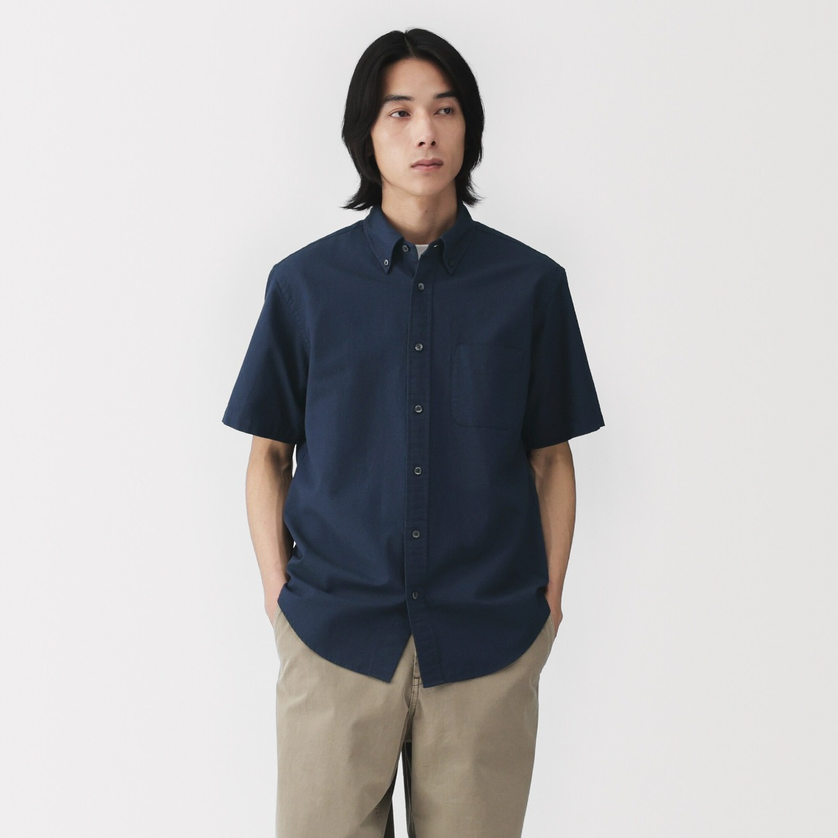 MUJI Áo Sơ Mi Nam Vải Oxford Cổ Cài Nút Tay Ngắn