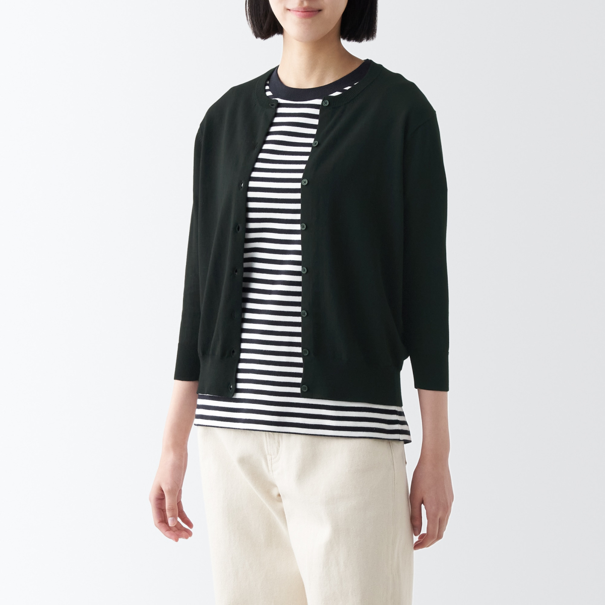 Women'S High Twisted Yarn Crew Neck 3/4 Sleeve Cardigan