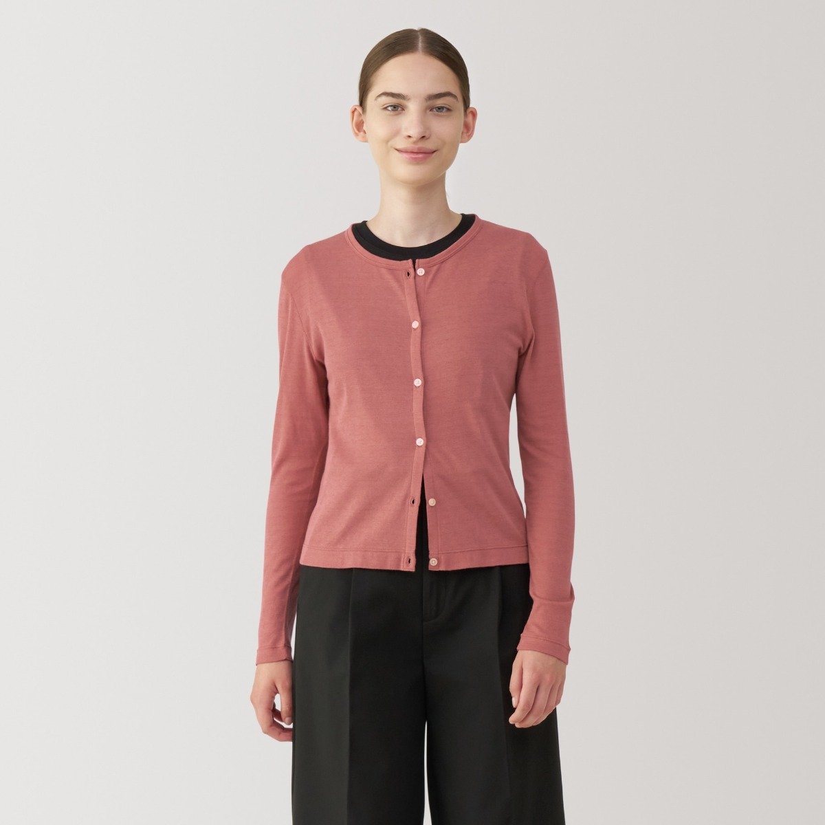 Áo Cardigan Nữ Dài Tay Cổ Tròn Gân Pha Sợi Đậu Nành