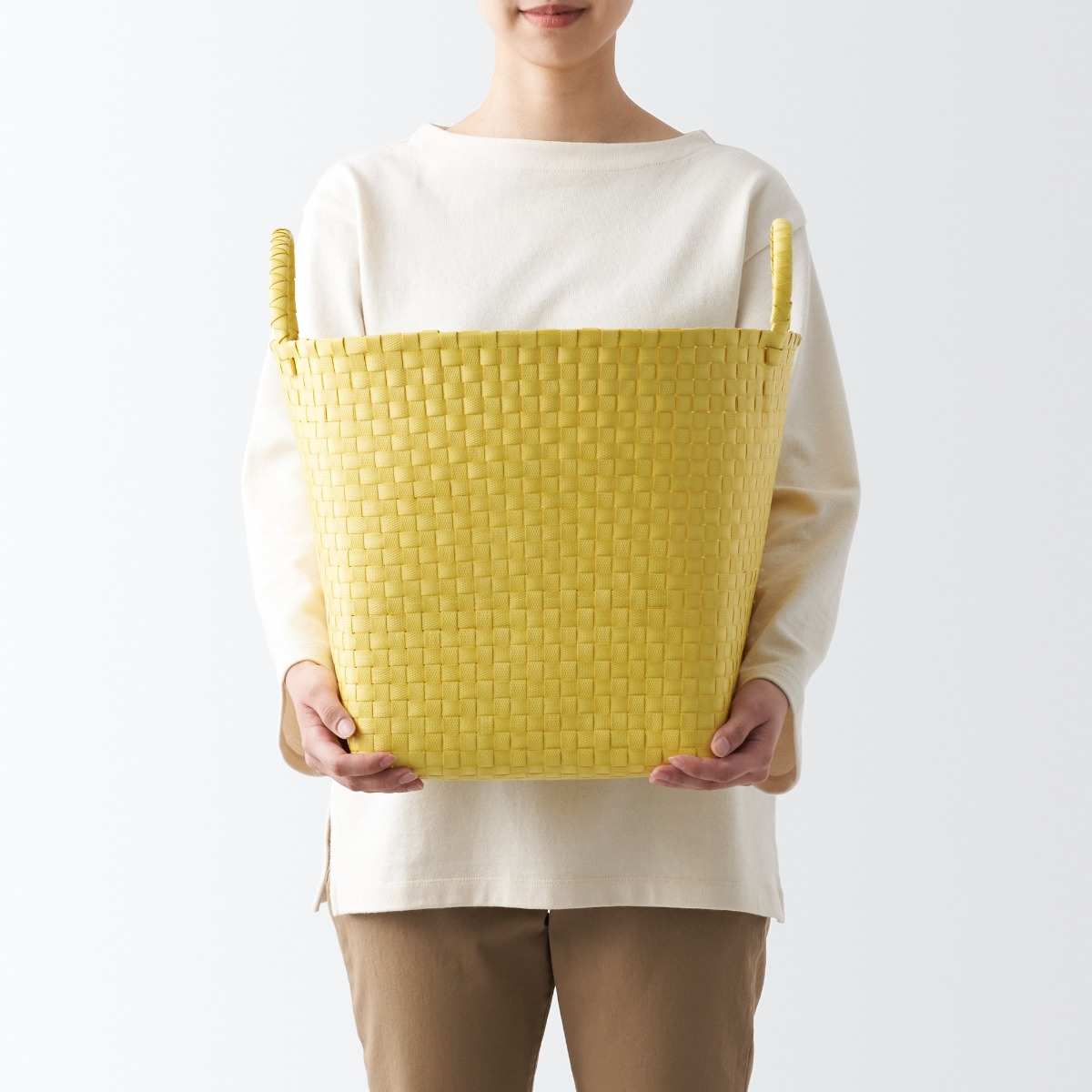 MUJI Recycled PP Blend Strapping Band Hand-Woven Basket - L, Yellow