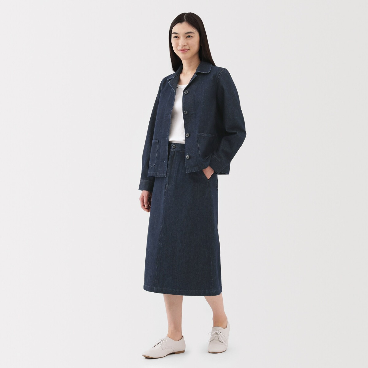 MUJI Chân Váy Chữ A Denim Pha Sợi Gỗ Bông Gạo