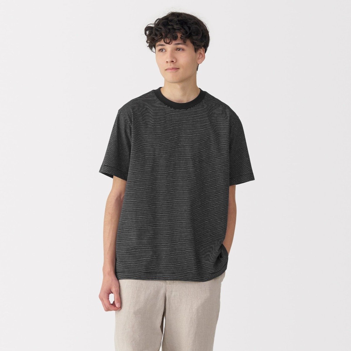 Áo Thun Cổ Tròn Kẻ Sọc Vải Jersey Ngắn Tay MUJI