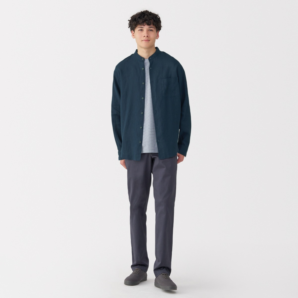 MUJI Áo Sơ Mi Nam Vải Washed Linen Cổ Trụ Tay Dài