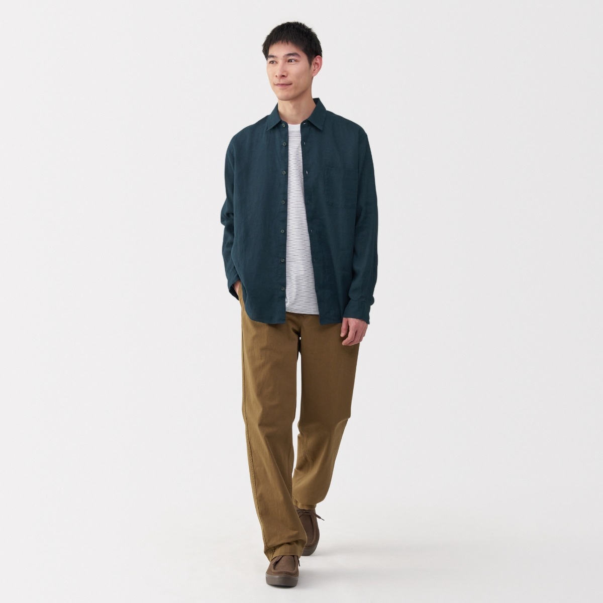 MUJI Áo Sơ Mi Nam Vải Washed Linen Tay Dài
