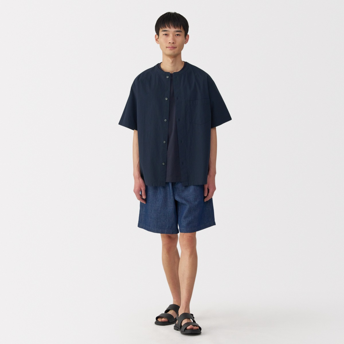 MUJI Áo Sơ Mi Nam Vải Cool Touch Không Cổ Tay Ngắn