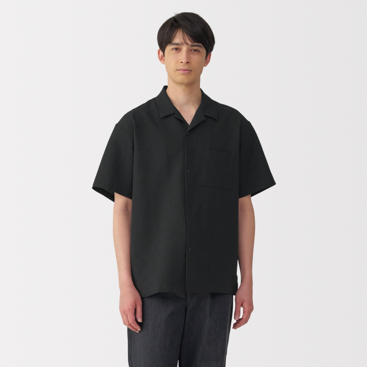 MUJI Áo Sơ Mi Nam Thoáng Khí Cổ Mở Tay Ngắn