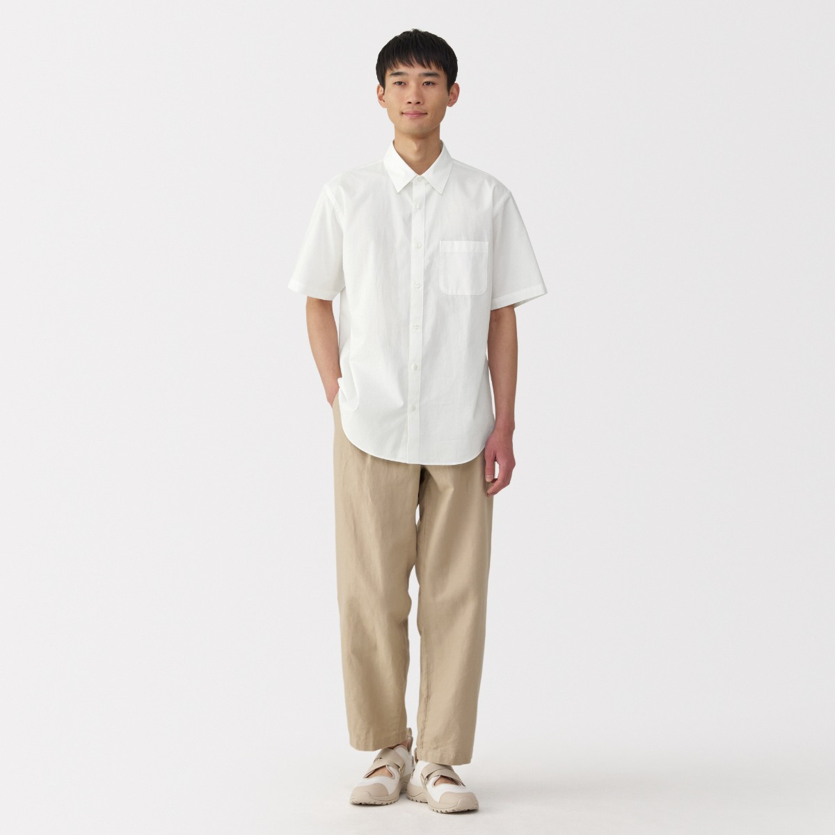 MUJI Áo Sơ Mi Nam Vải Broadcloth Dáng Rộng Tay Ngắn