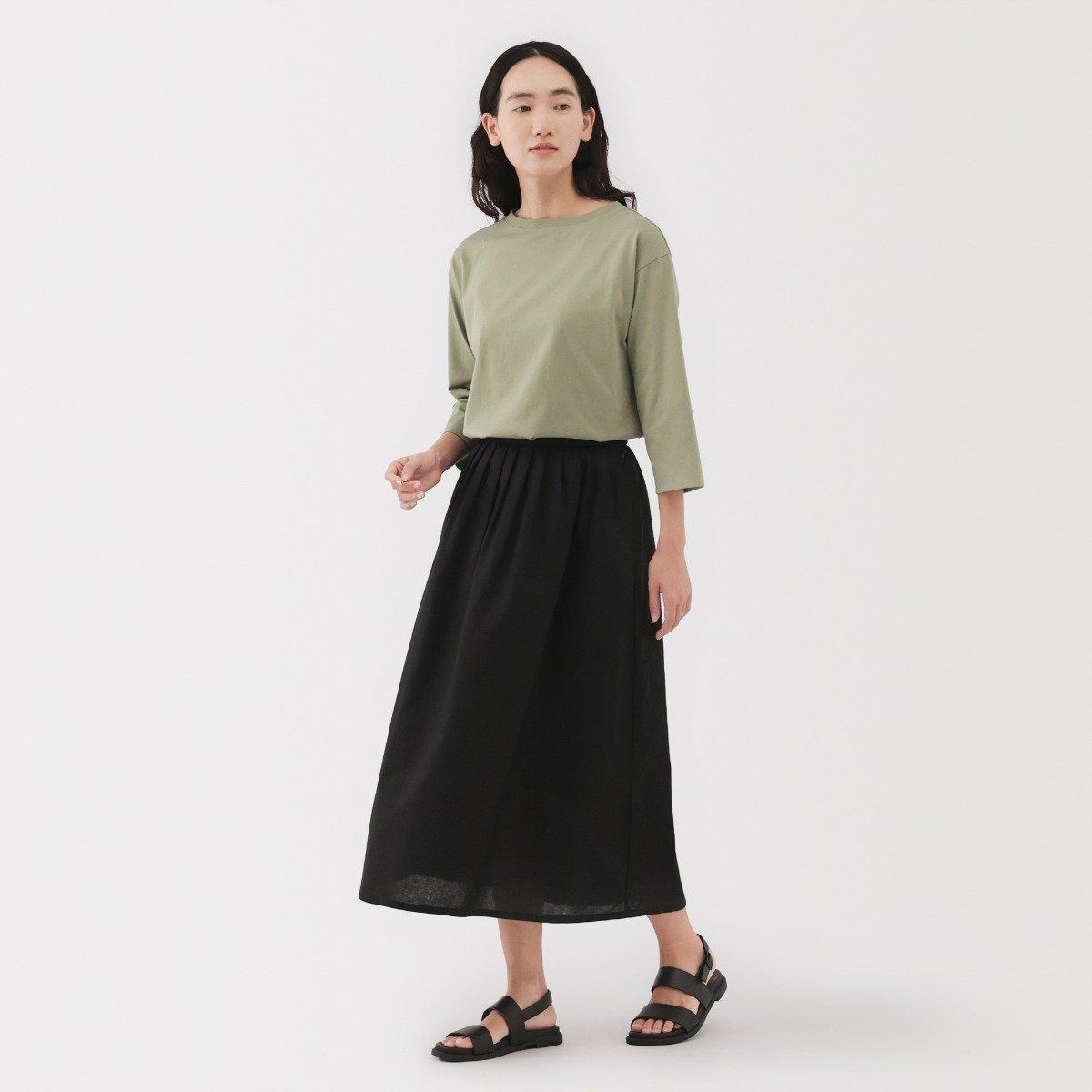MUJI Chân Váy Dài Thoải Mái Vải Cotton Pha Linen