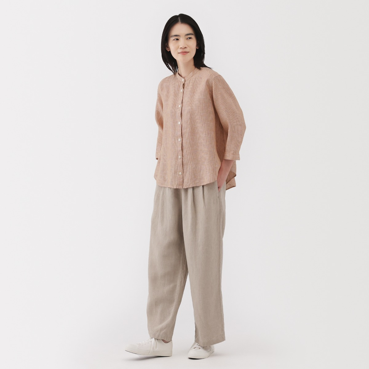 MUJI W's Washed Linen 3/4 Sleeve Blouse