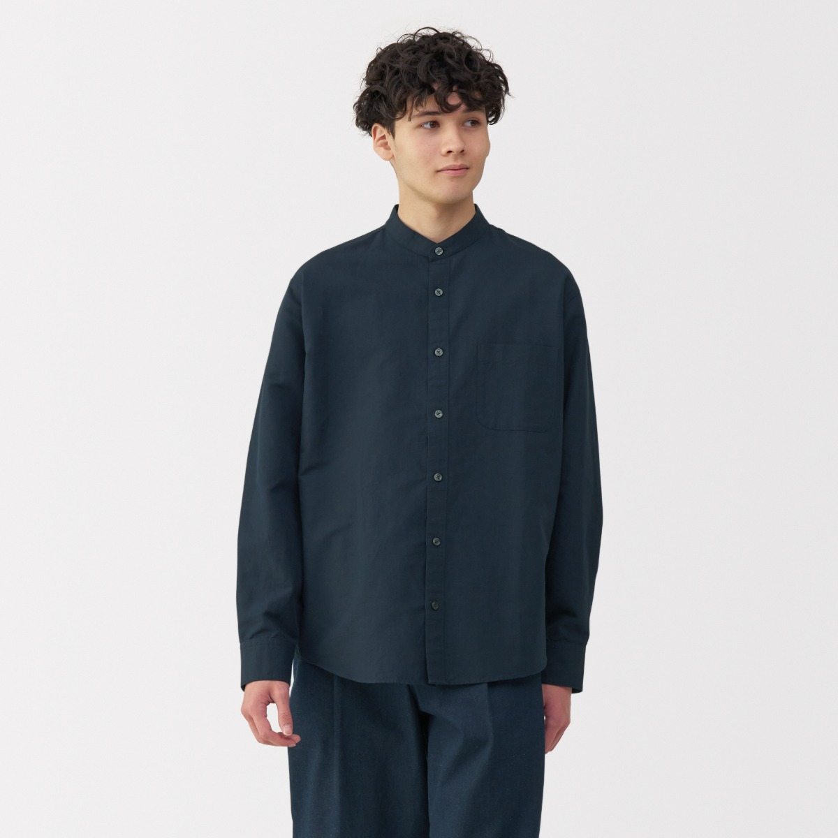 MUJI Áo Sơ Mi Nam Vải Linen Cotton Cổ Trụ Tay Dài