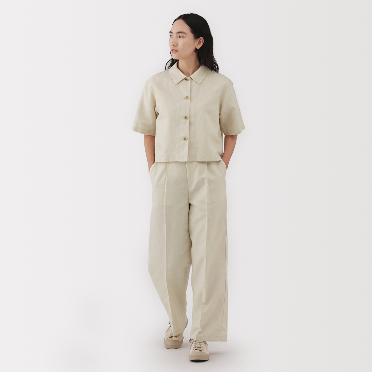 MUJI Áo Sơ Mi Tay Ngắn Vải Twill Pha Linen