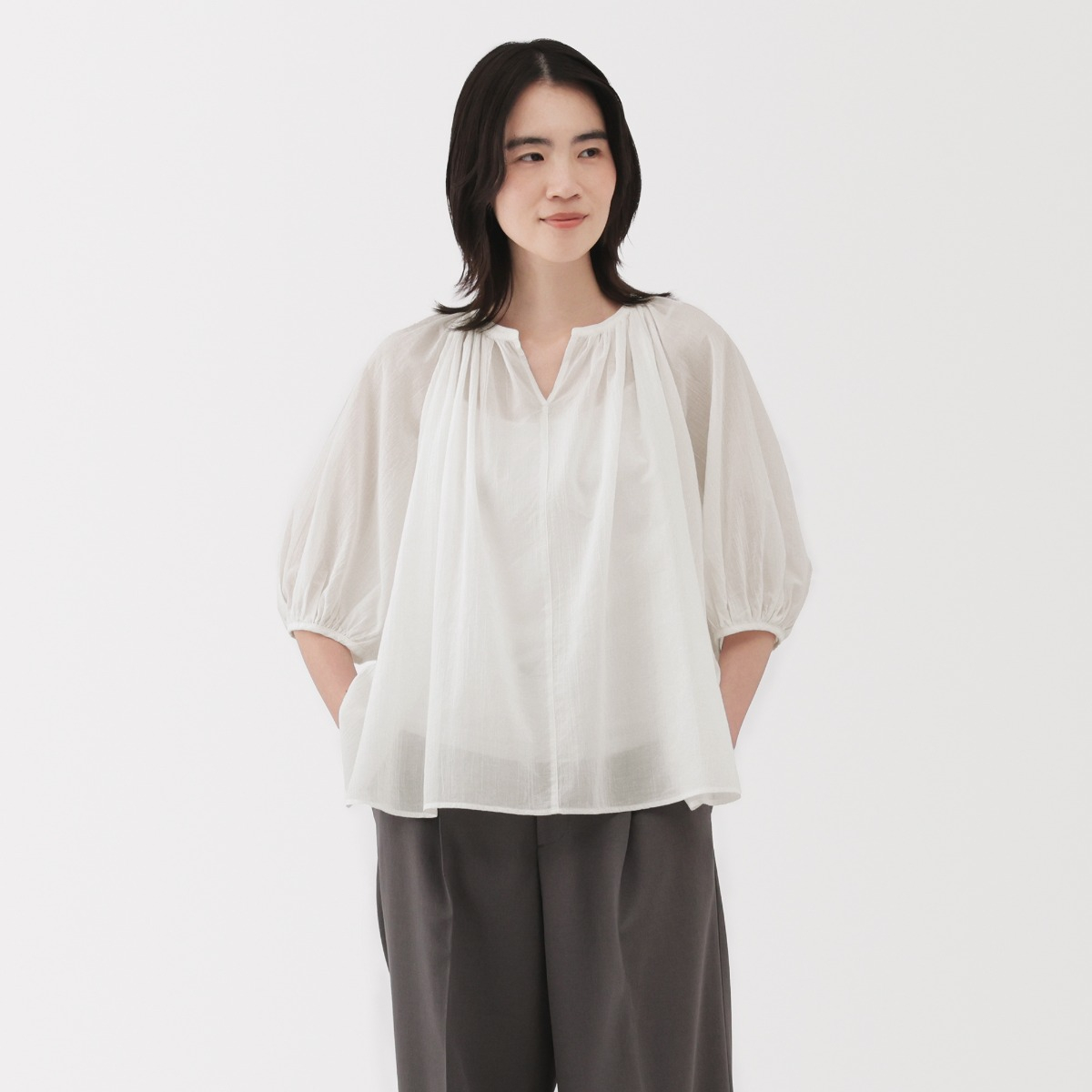 MUJI Áo Blouse Tay Ngắn Voan Xoắn Cao Cấp