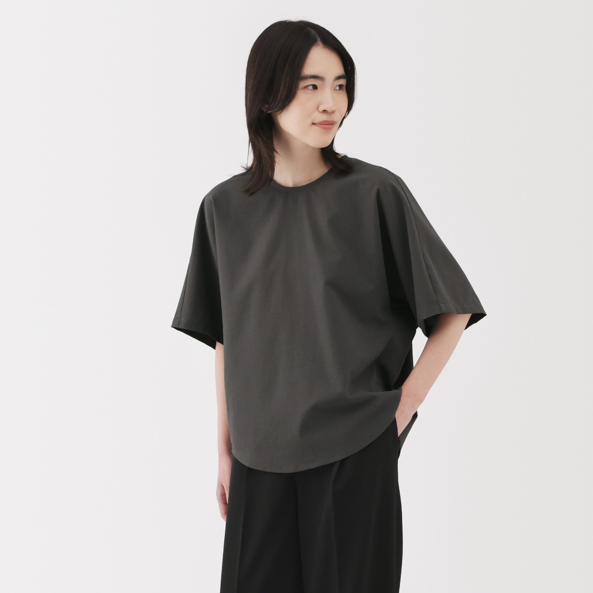MUJI Áo Blouse Tay Ngắn Vải Seersucker Thoáng Khí