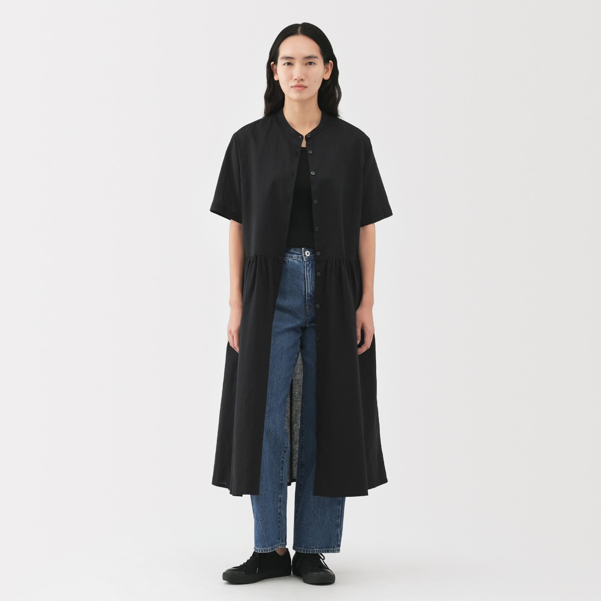 MUJI Đầm Nữ Vải Linen Cotton Tay Ngắn