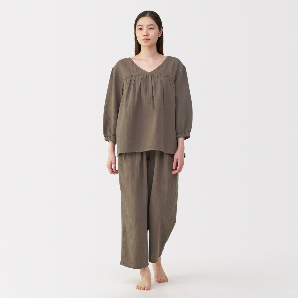 MUJI Bộ Đồ Ở Nhà Vải Crepe Gauze Tay Lửng - Nữ