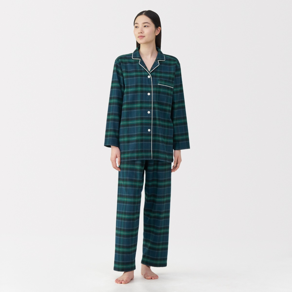 MUJI Bộ Đồ Ngủ Tay Dài Vải Flannel Không Đường May Bên - Nữ