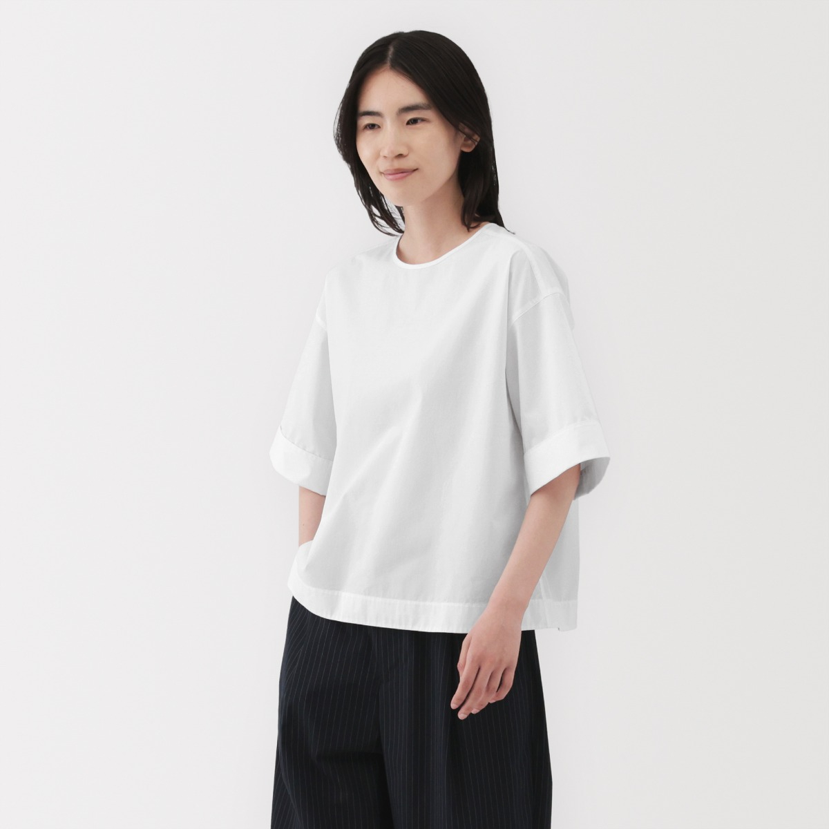 MUJI Áo Blouse Tay Lửng Vải Broadcloth