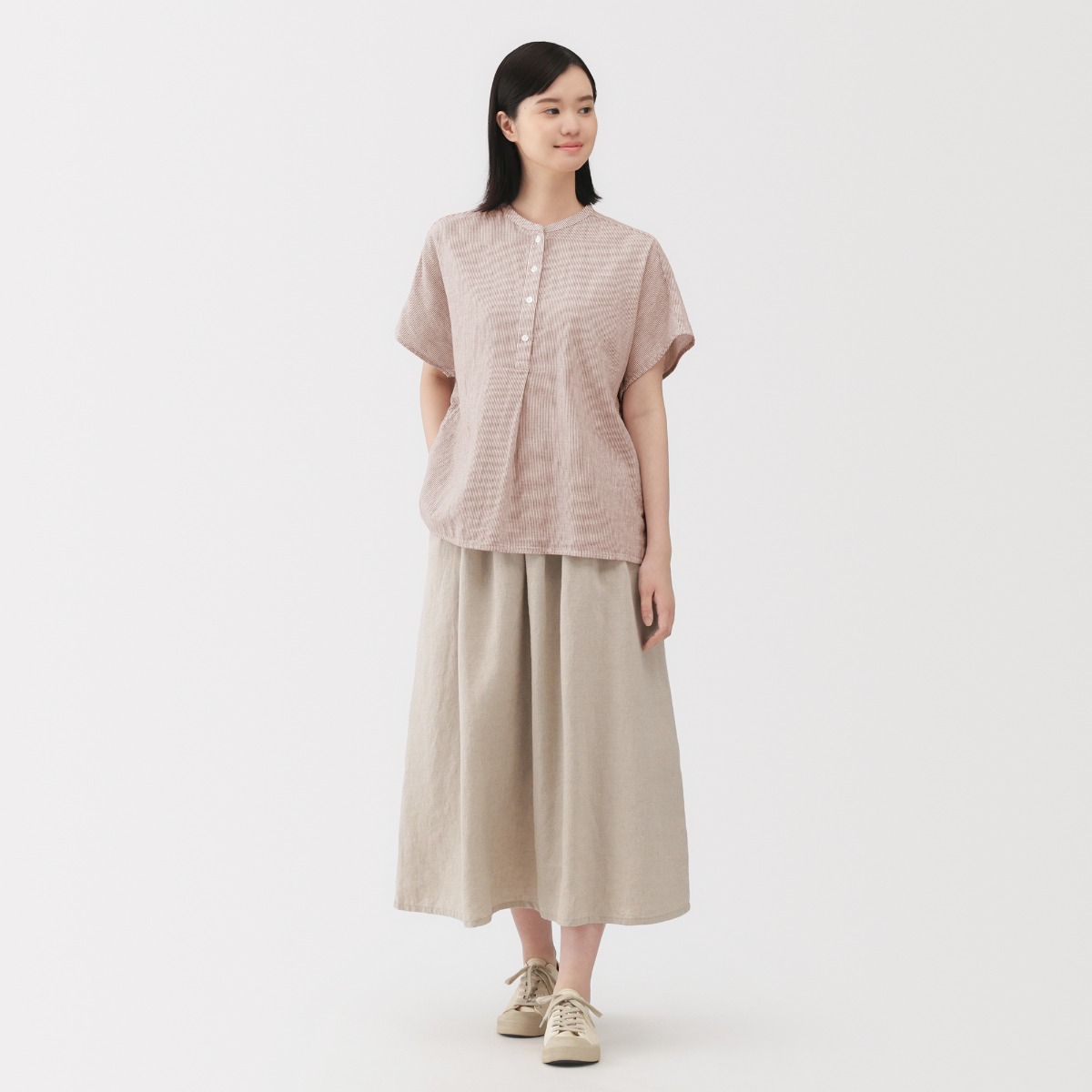 MUJI Áo Blouse Tay Lửng Vải Gauze Đôi Phối Kapok