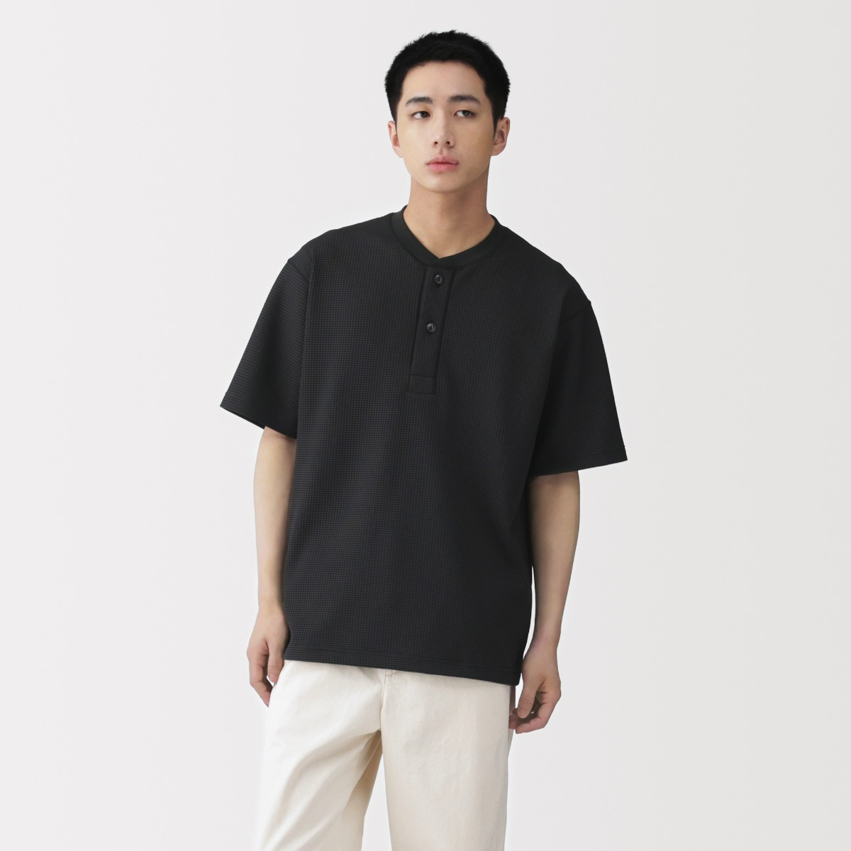 MUJI Áo Thun Nam Waffle Chống Uv Nhanh Khô Cổ Henley Tay Ngắn