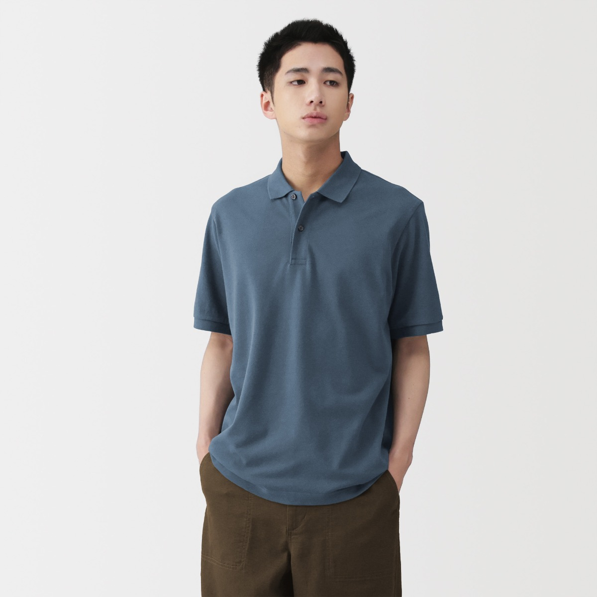 MUJI Áo Polo Nam Vải Pique Washed Tay Ngắn