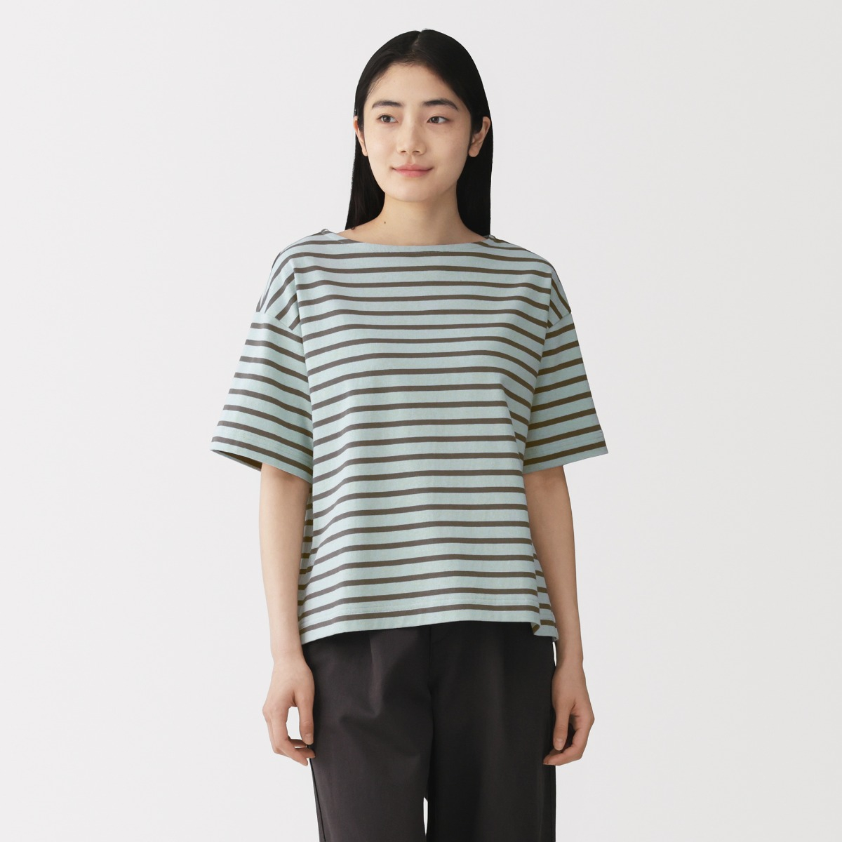 MUJI Áo Thun Tay Ngắn Cổ Thuyền Chất Jersey Hai Lớp