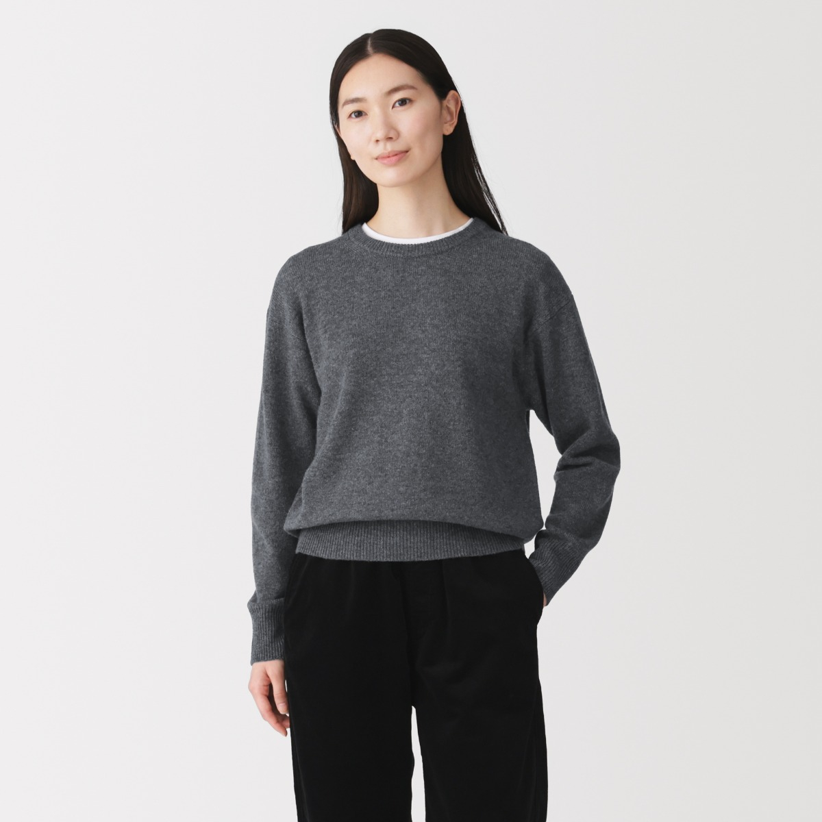 MUJI Áo Len Nữ Cổ Tròn Vải Ribbed