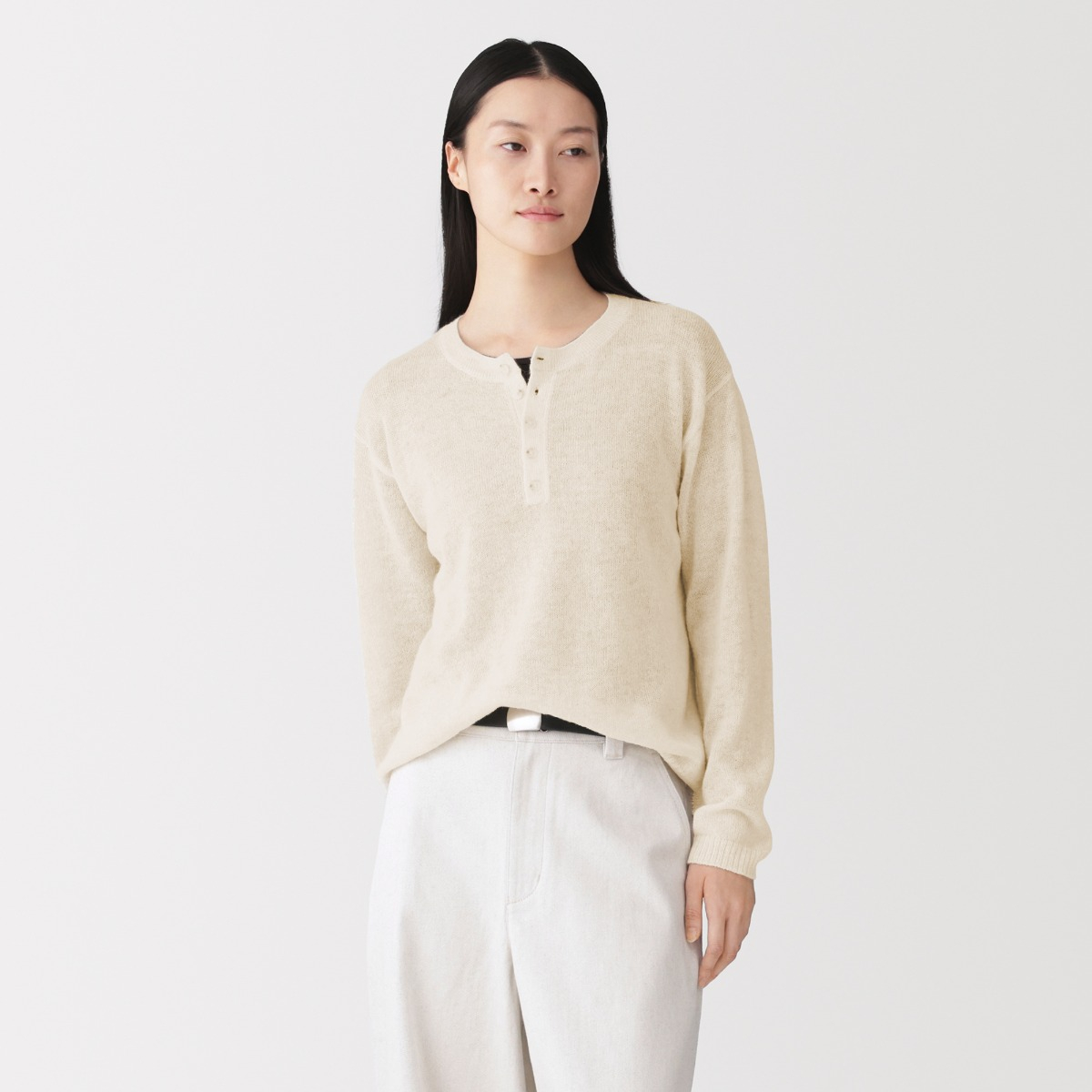 MUJI Áo Len Nữ Sợi Lama Cổ Henry Tay Dài