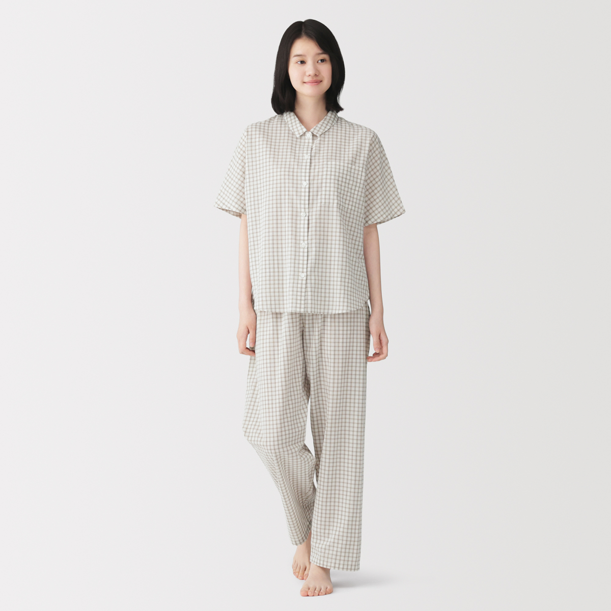 MUJI Bộ Đồ Ngủ Tay Ngắn Cotton Dobby Check - Nữ