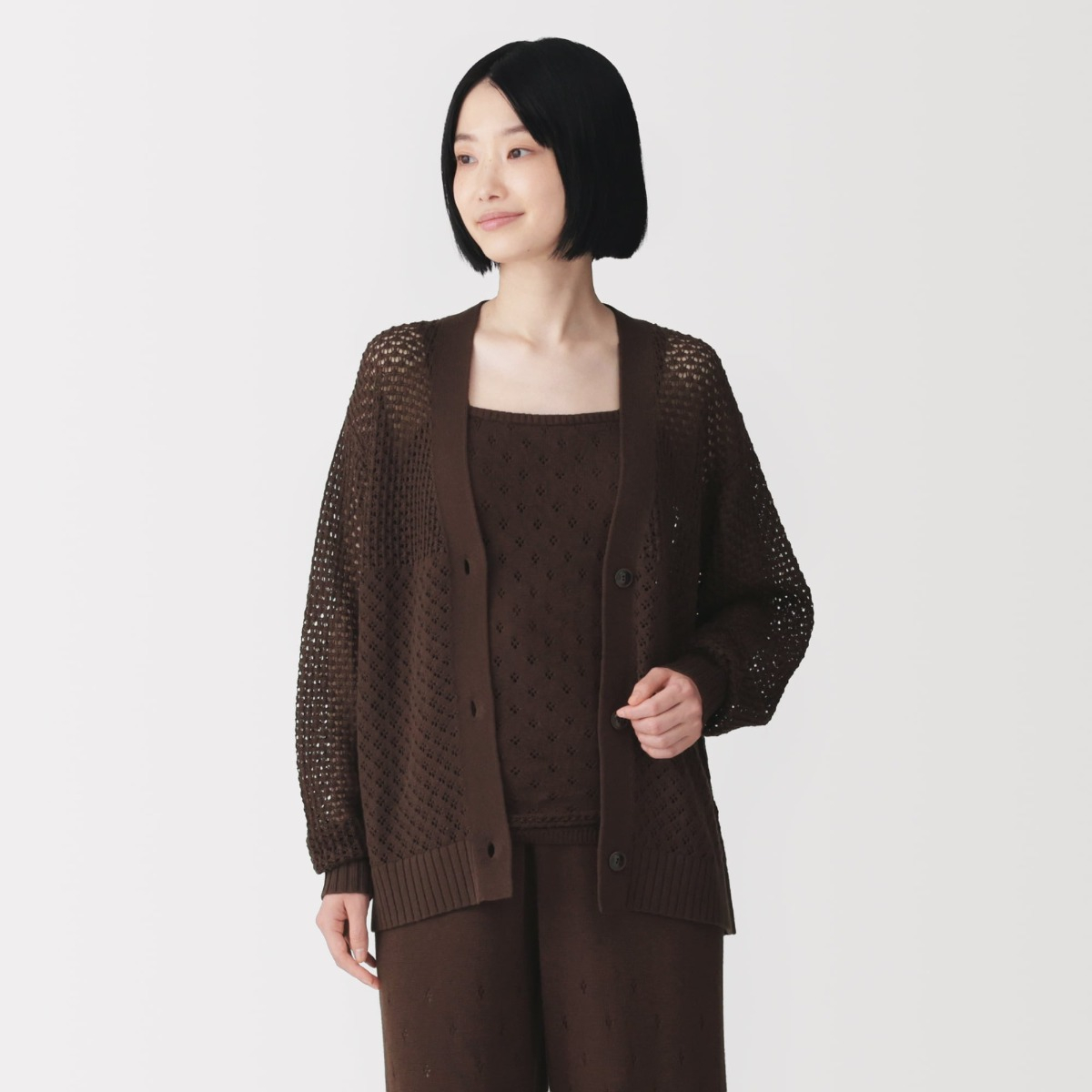 MUJI Áo Cardigan Cotton Openwork Dệt Kim Tay Dài Cho Nữ