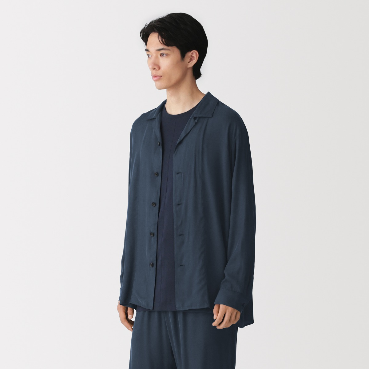 MUJI Áo Sơ Mi Nam Vải Cupra Blended Cổ Mở Tay Dài