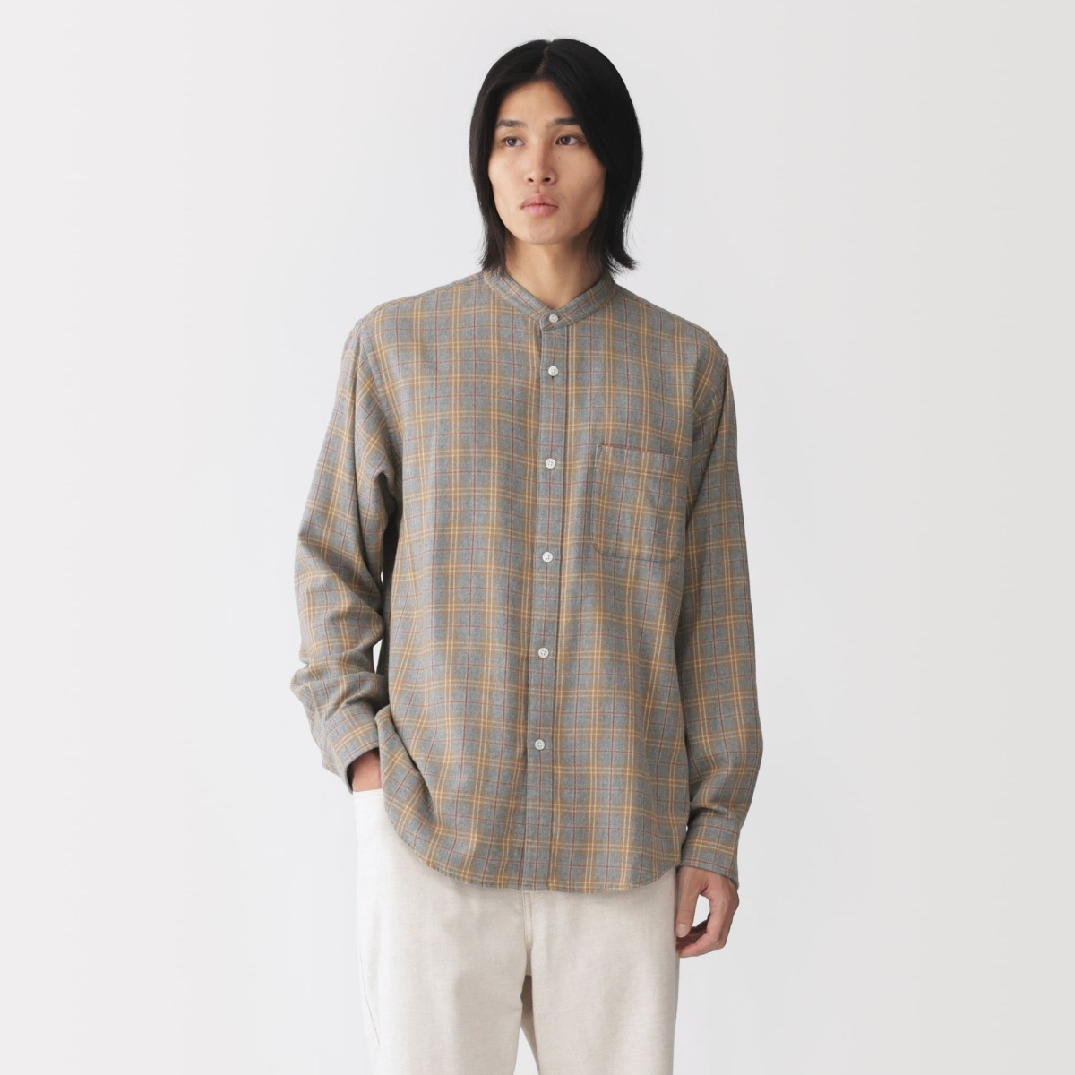 MUJI Áo Sơ Mi Nam Vải Flannel Cổ Trụ Tay Dài