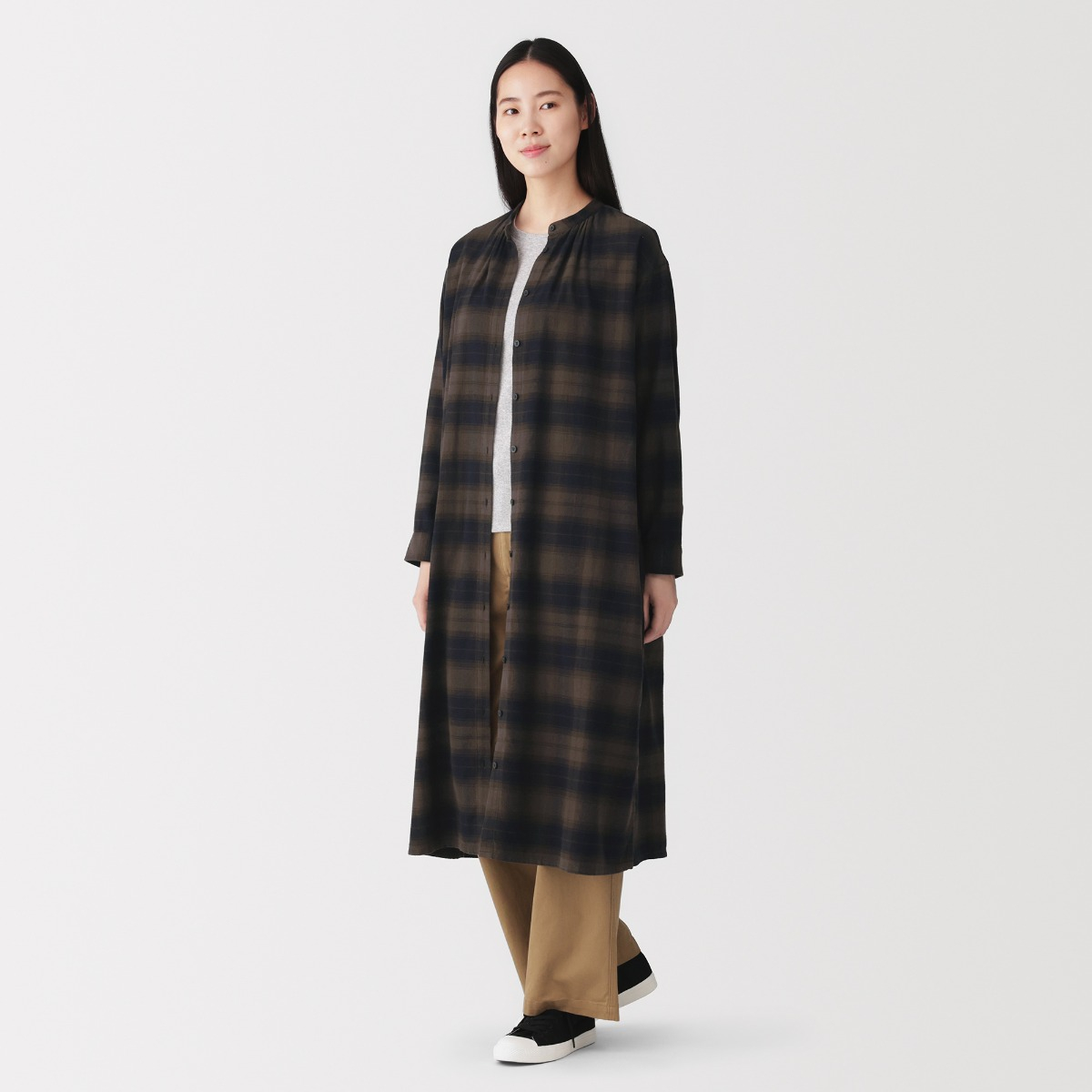 MUJI Đầm Nữ Vải Flannel Cổ Trụ Tay Dài