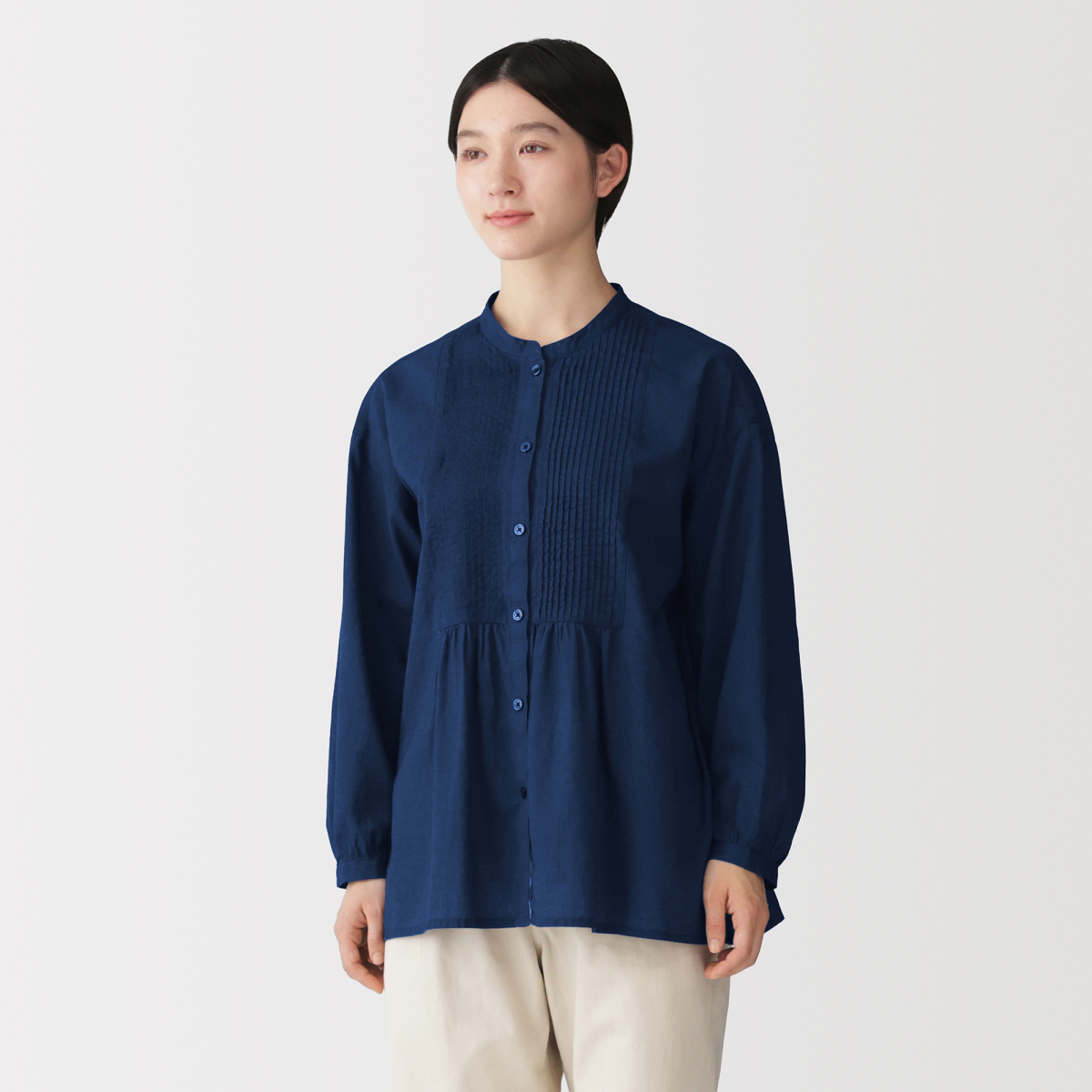 MUJI Áo Blouse Nữ Vải Cotton Pin Tuck Tay Dài (màu Indigo)