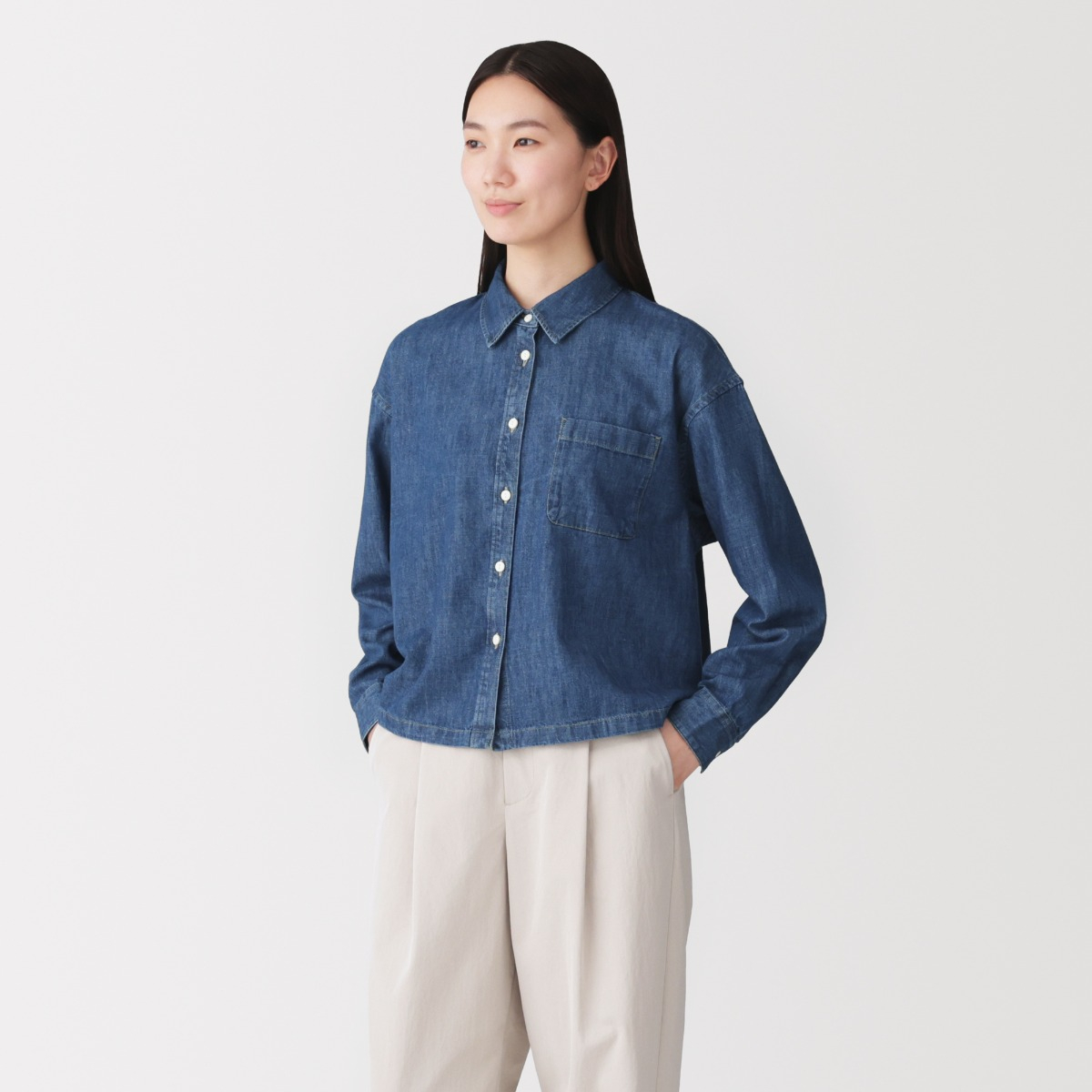 MUJI Áo Sơ Mi Nữ Denim Dáng Ngắn Tay Dài