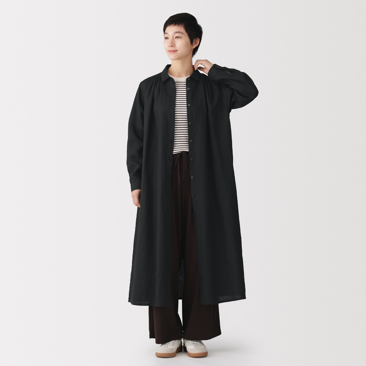 MUJI Đầm Sơ Mi Nữ Vải Washed Linen Tay Dài