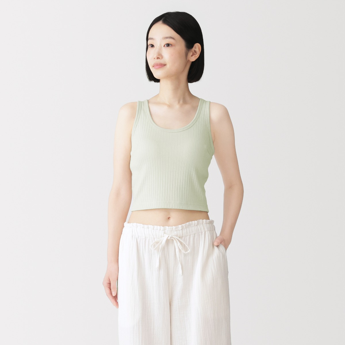 MUJI Áo Bra Tank Top Cotton Co Giãn Gân Gợn Sóng Dáng Ngắn